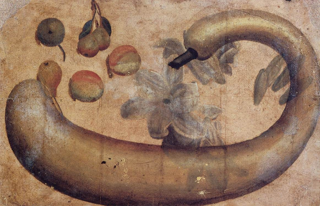 Gemälde einer Banane mit einer Blume darauf, umgeben von verschiedenen Fruchten und Blättern auf Papier, mit leuchtenden Farben und deutlichen Details.
