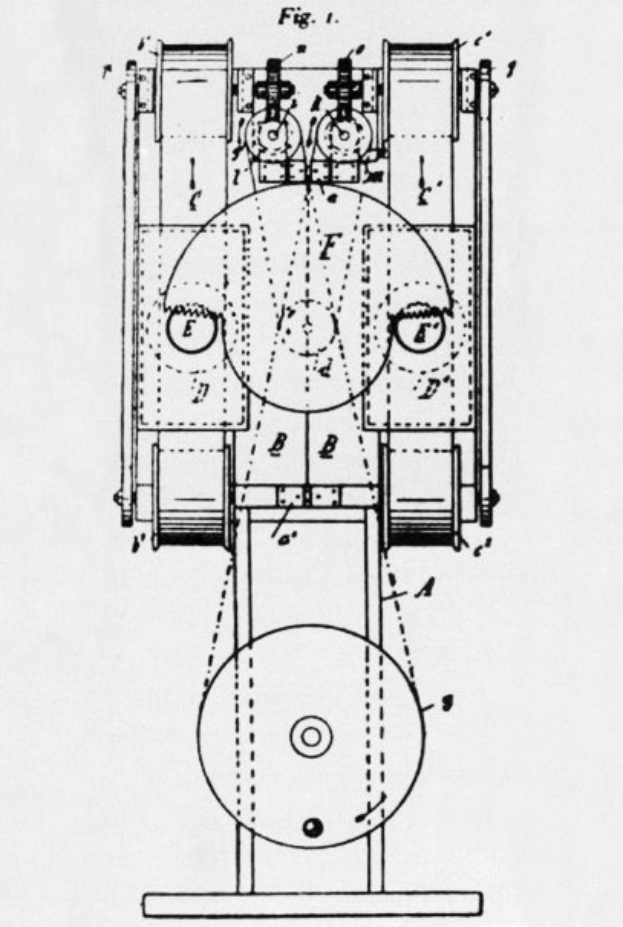 Ein detailliertes Schwarz-Weiß-Patentbild aus dem frühen 20. Jahrhundert, das eine Maschine mit kreisförmigem Design zeigt, einschließlich ihres Motors, Kolben und anderer Komponenten, mit begleitendem Text.
