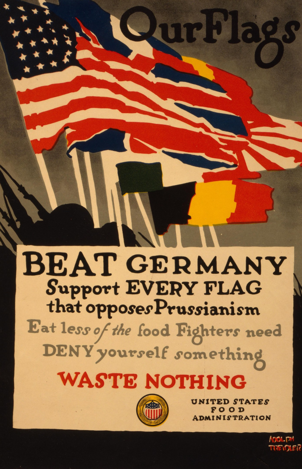 Plakat mit einer roten, weißen und blauen Flagge mit einem weißen Stern, fetter schwarzer Schrift, die "Unsere Flaggen schlagen Deutschland - Unterstützt jede Flagge, die gegen Preußentum kämpft", und einem weißen Rand, der Unterstützung für deutsche Rechte gegen Preußentum fordert.