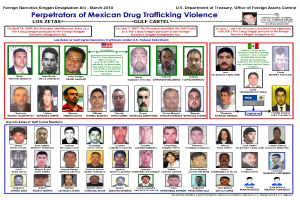 Plakat mit der Aufschrift "Täter der mexikanischen Drogenhandel Gewalt" mit Bildern verschiedener Personen und fetter schwarzer Schrift auf einem hellblauen Hintergrund.