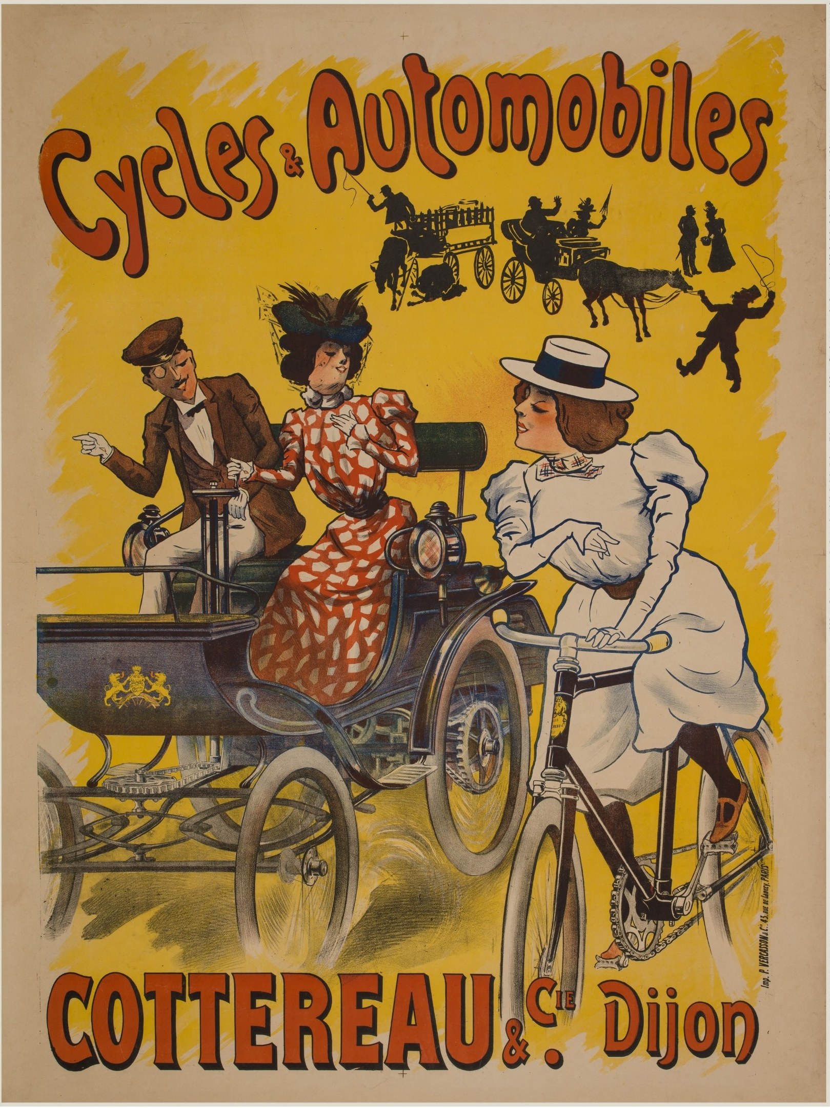 Ein Vintage-Plakat für Fahrräder und Automobile in Cottereau und Dijon, Frankreich, mit Menschen, die Fahrräder fahren und einer Kutsche mit der Aufschrift "Fahrräder und Automobile" oben.