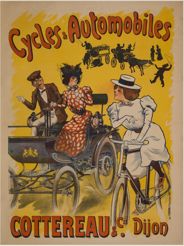 Ein Vintage-Plakat für Fahrräder und Automobile in Cottereau und Dijon, Frankreich, mit Menschen, die Fahrräder fahren und einer Kutsche mit der Aufschrift "Fahrräder und Automobile" oben.