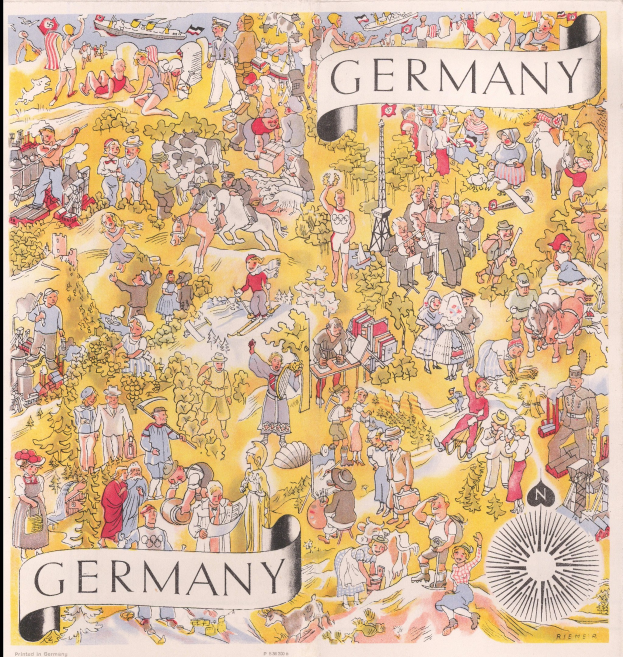 Plakat mit schwarzem Hintergrund, das eine Deutschlandkarte zeigt, die von zahlreichen Menschen bedeckt ist und von Text begleitet wird, der Informationen über das Land enthält.