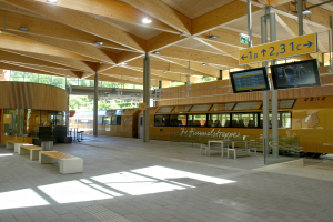 Ein belebter Bahnhof mit einem Zug auf den Schienen, umgeben von Bänken, Tischen, Masten, Schildern, Lichtern und Bäumen und voller Menschen, die auf den Zug warten.