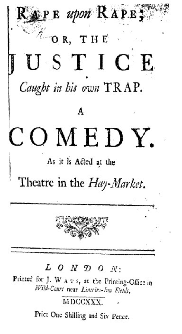 Ein Schwarz-Weiß-Plakat mit fetter, schwarzer Schrift, auf dem "Vergewaltigung auf Vergewaltigung oder die Justiz in seiner eigenen Falle" steht, wahrscheinlich Ankündigung einer Comedy-Show.