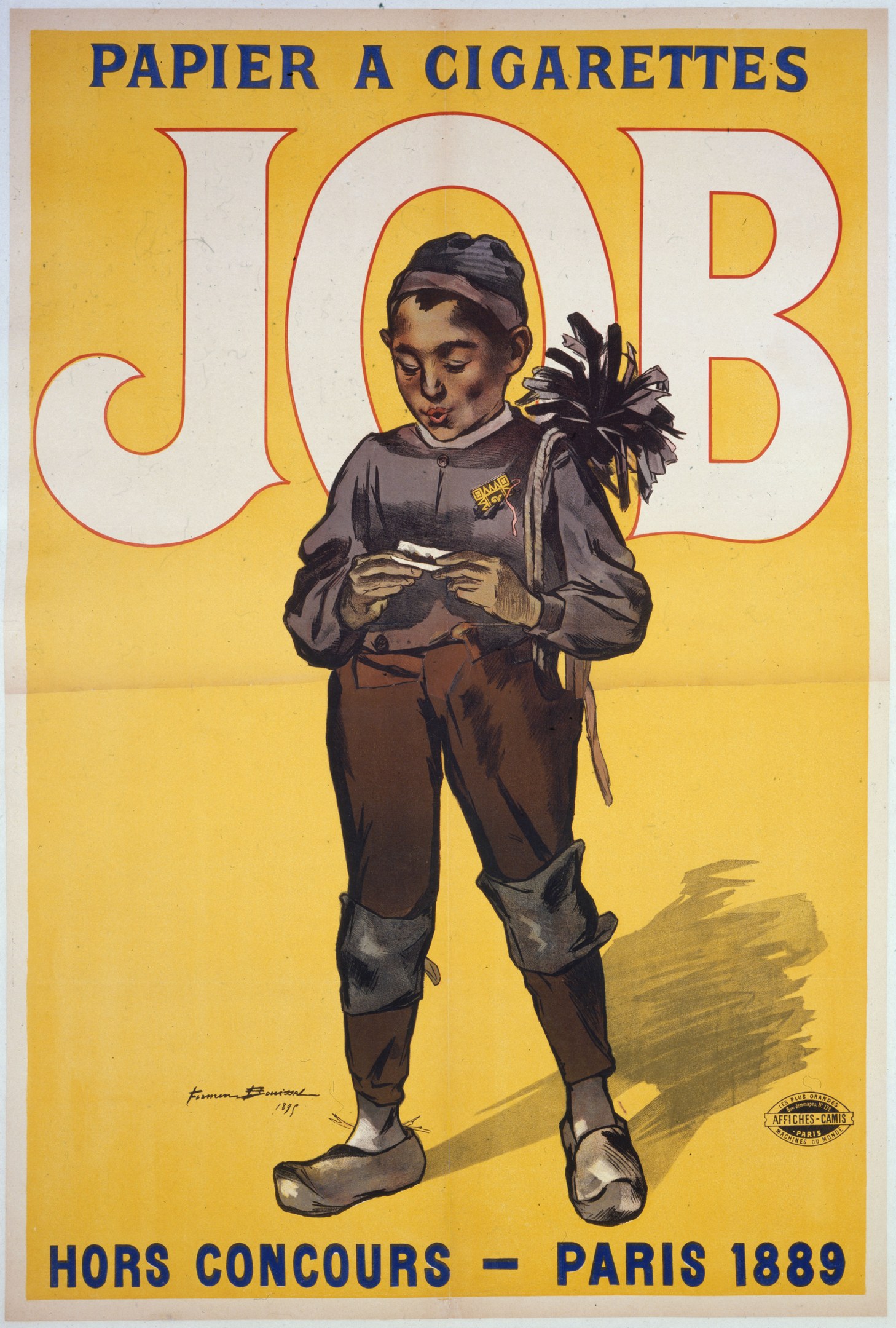 Ein Plakat zeigt einen jungen Jungen, der entschlossen eine Zigarette hält und likely einen Job bewirbt.