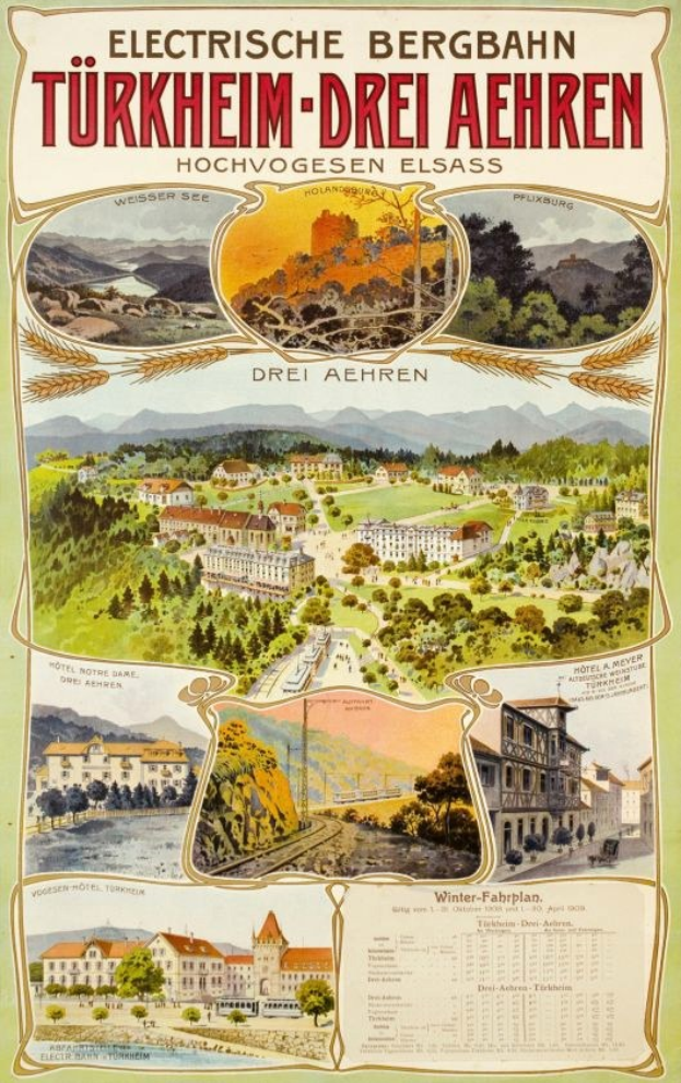 Plakat für Bergbahn, Deutschland als Elektrostadt, mit Gebäuden, Bäumen, Hügeln und Text.