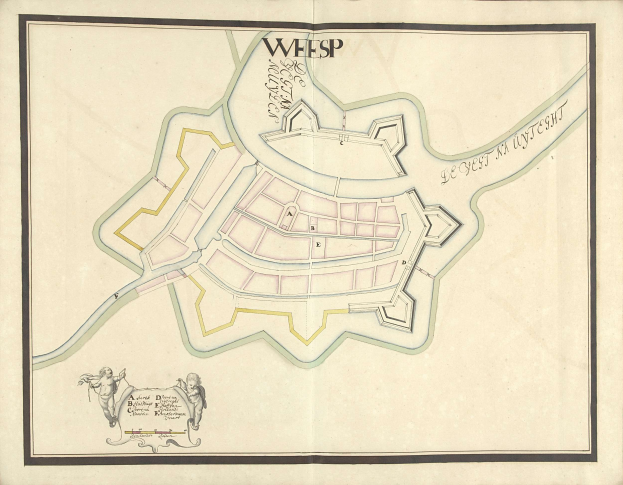 Detailierte Karte von Wiesbaden, Deutschland, mit Straßen, Gebäuden und Sehenswürdigkeiten auf altem Papier mit handgeschriebener Text und Zeichnungen.
