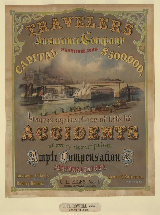 Werbeplakat für die Traveler's Insurance Company of Hartford, Connecticut, mit Booten, einer Brücke und Gebäuden sowie Texten, die Reiseversicherungsdienstleistungen bewerben.