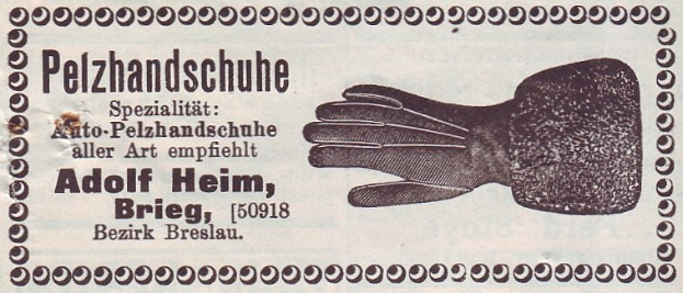 Alte deutsche Visitenkarte mit einer Illustration von einem Handschuhpaar und gedrucktem Text, der den Inhalt beschreibt.