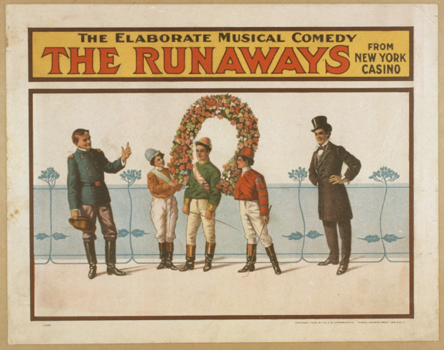 Plakat für "Elaborate Musical Comedy Runaways from New York Casino" mit einer Gruppe von Menschen in einer Reihe, einer Person mit einem Strauß und Textbeschreibung