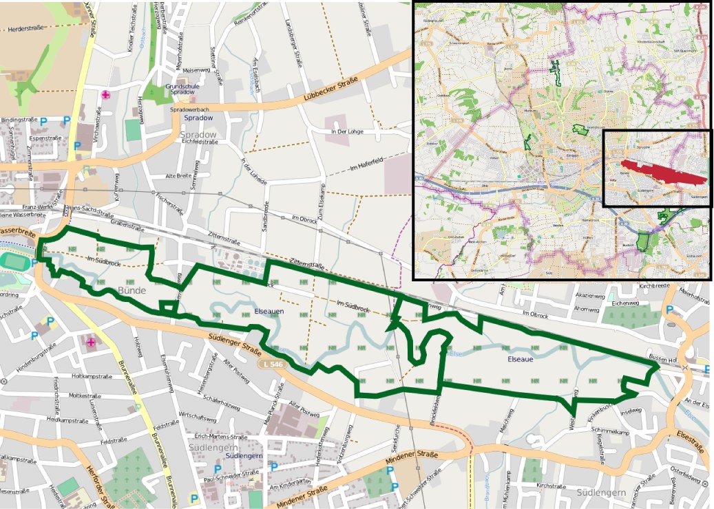 Karte einer Stadt, die in zwei Abschnitte unterteilt ist, mit einer grünen Linie, die die Route einer Radtour anzeigt, Start- und Zielpunkten, Dauer und Sehenswürdigkeiten.