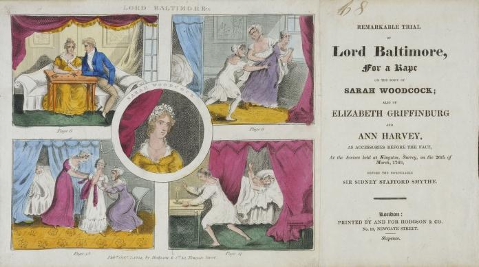 Eine historische Illustration, die einen Prozess von Lord Baltimore zeigt, mit einem Dokument, das Porträts, Vorhänge und Text zeigt.