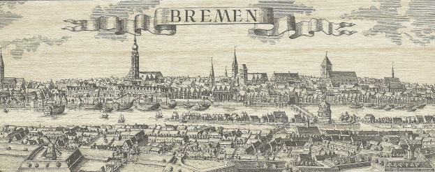 Gravur von Bremen, Deutschland, die Gebäude, Boote auf dem Wasser, Wolken am Himmel und ein Banner mit Text oben zeigt.