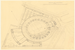 Ein detaillierter Grundriss eines Stadiongeländes mit mehreren Gebäuden, beschrifteten Texten und Anmerkungen, der mutmaßlich für das neue Sportzentrum in London erstellt wurde.
