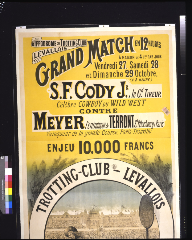 Alter Plakatwerbung für ein großes Match zwischen S.F. Cody und Meyer.