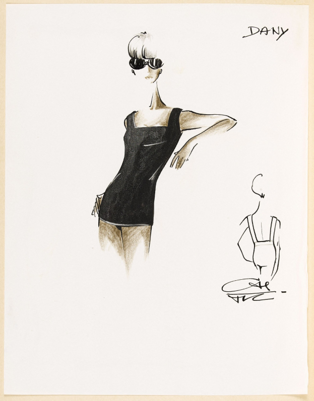 Eine Skizze einer Frau in einem hochgeschlossenen, langärmeligen schwarzen Kleid mit klassischen Aviator-Sonnenbrille, die selbstbewusst mit geschlossenen Augen, leicht geöffneten Lippen und einem glatten Bob-Haarschnitt steht.