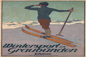 Eine Person auf Skiern, die einen Stock hält, vor schneebedeckten Bergen auf einem Plakat, das einen Wintersport in Graubünden, Schweiz, bewirbt, mit Text, der Informationen bereitstellt.