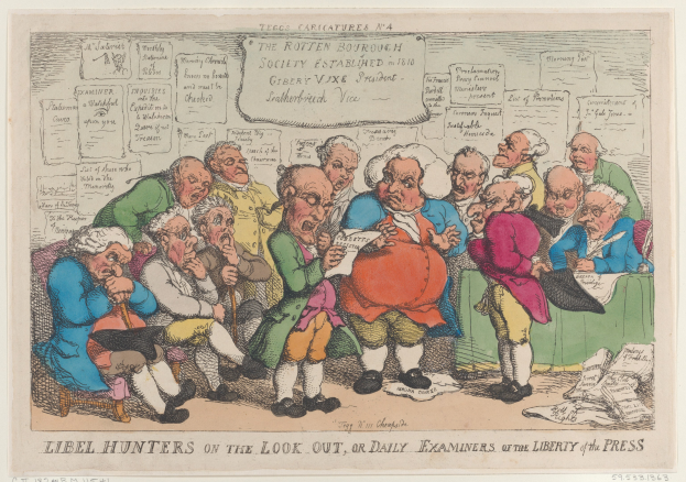 Eine Gruppe von Menschen, die um einen Tisch sitzen und Papiere und Gegenstände haben, einer hält ein Papier in der Hand, mit Text unten: "Libel Hunters on the Look Out, or Daily Examiners of the Liberty of the Press".