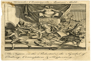 Ein Plakat mit einer Zeichnung einer Gruppe von Menschen in einem Raum mit einer Person auf einem Stuhl in der Mitte und einem Text unten, der "Die Figur auf dem Sockel ist das Symbol für Bestechung, Korruption und Heuchelei" lautet.