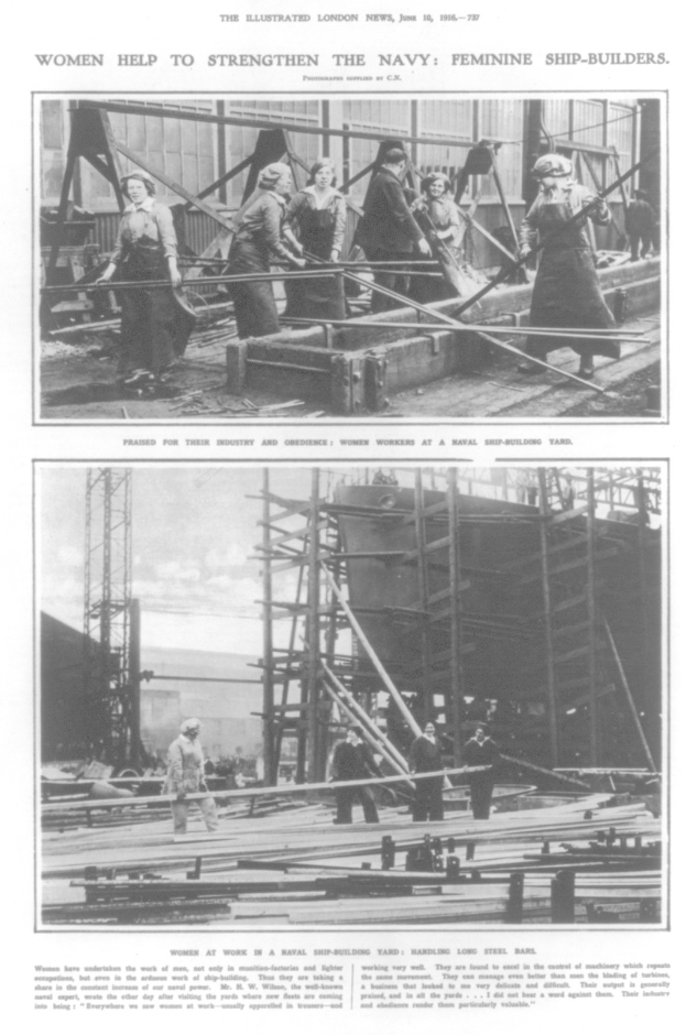 Ein Schwarz-Weiß-Foto von Frauen, die auf einem Schiff arbeiten, umgeben von Metallstangen und anderen Gegenständen, mit Text oben und unten, der lautet: "Frauen stärken die Marine Feminine Schiffbauer".