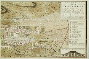 Ein detaillierter alter Stadtplan von Baden-Württemberg, Deutschland, der Straßen, Gebäude und Sehenswürdigkeiten zeigt, mit einem Gebäude im rechten unteren Eck und Text, der Stadtinformationen bereitstellt.