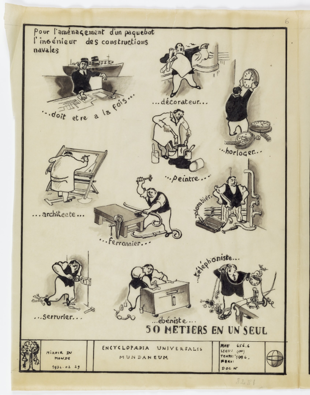 Ein altes Buch mit einer zentralen Illustration eines Mannes in einem Anzug mit einem menschlichen Gesicht, umgeben von Comic-Stilelementen und Text.