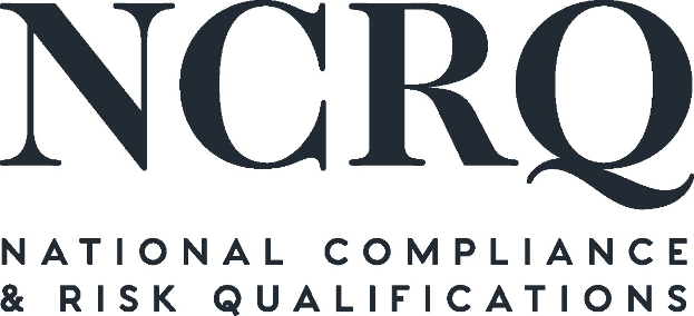 Weißer Hintergrund mit zentrierter fetter schwarzer Schrift "National Compliance & Risk Qualifications" in einer modernen Schriftart, umgeben von einem schmalen schwarzen Rand.