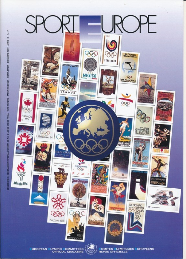 Buchumschlag mit dem Titel "Sport in Europa" mit lebendigen Bildern und Texten im Zusammenhang mit den Olympischen Spielen in Europa.