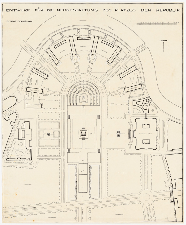 Ein detaillierter Stadtplan von Berlin, Deutschland, mit einer zentralen Illustration eines Gebäudes und der umliegenden Anlage.