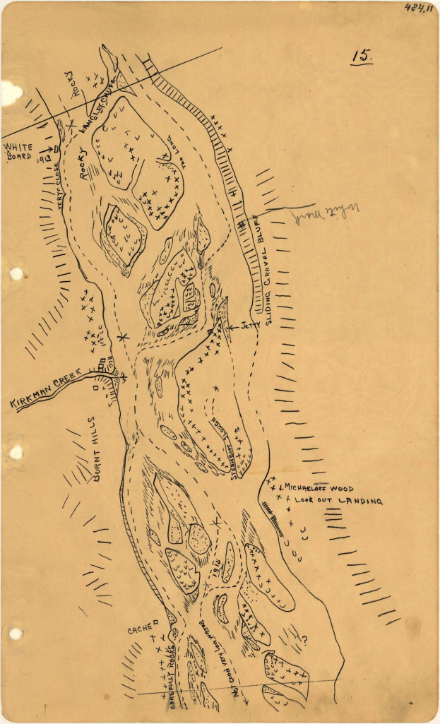 Detailiertes altes Stadtplan auf vergilbtem Papier mit handgeschriebenen Texten, die Straßen, Gebäude, Parks und Sehenswürdigkeiten benennen.