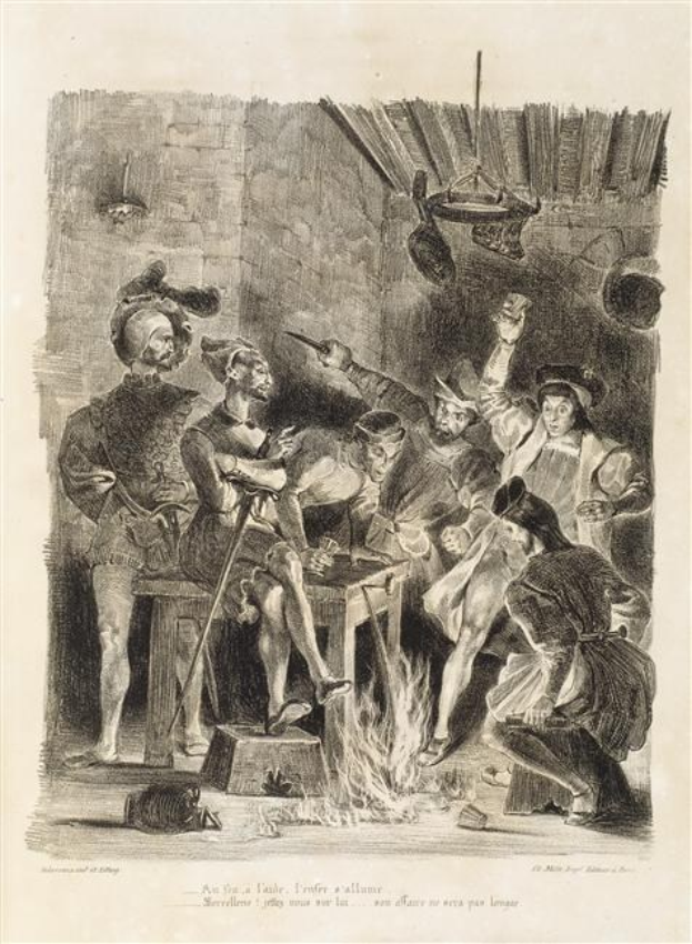 Schwarz-weiß-Radierung von Menschen, die sich um ein Feuer scharen, mit einer Wand im Hintergrund, betitelt mit "Der Tod des Königs von England", zeigt Personen in Not, einige liegen am Boden, andere stehen.