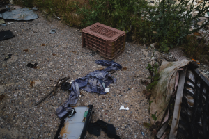Ein Haufen Müll, einschließlich eines Plastikbehälters und Kleidung, liegt neben einem Zaun auf der Straße, mit Pflanzen und Gras im Hintergrund.