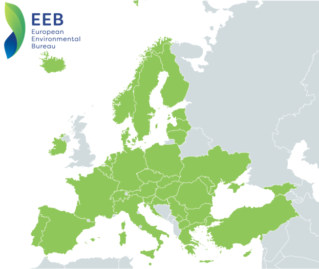 Karte von Europa mit dem Logo der Europäischen Umweltbehörde in der linken oberen Ecke, schattiert in verschiedenen Grüntönen, um EU-Regionen anzuzeigen.