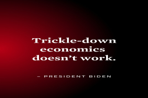 Plakat mit fetter schwarzer Schrift "Trickle-Down Economics Doesn't Work" auf weißem Hintergrund, eingerahmt von einem dünnen schwarzen Rand, begleitet von einem Zitat des Präsidenten Biden.