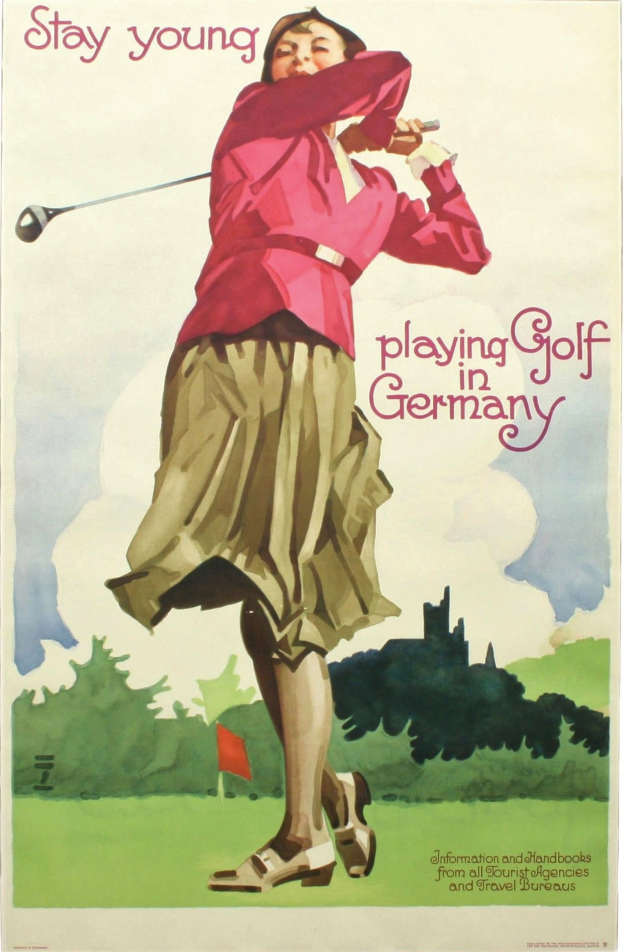 Ein Plakat zeigt eine Frau mit einem Golfschläger und einer Fahne im Hintergrund sowie Bäume und Text.