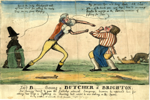 Eine Zeichnung auf Papier, die zwei kämpfende Menschen zeigt, einen Messerwerfer, einen Hund, der nach oben schaut, und den Text 'Boxing a Butcher at Brighton'.