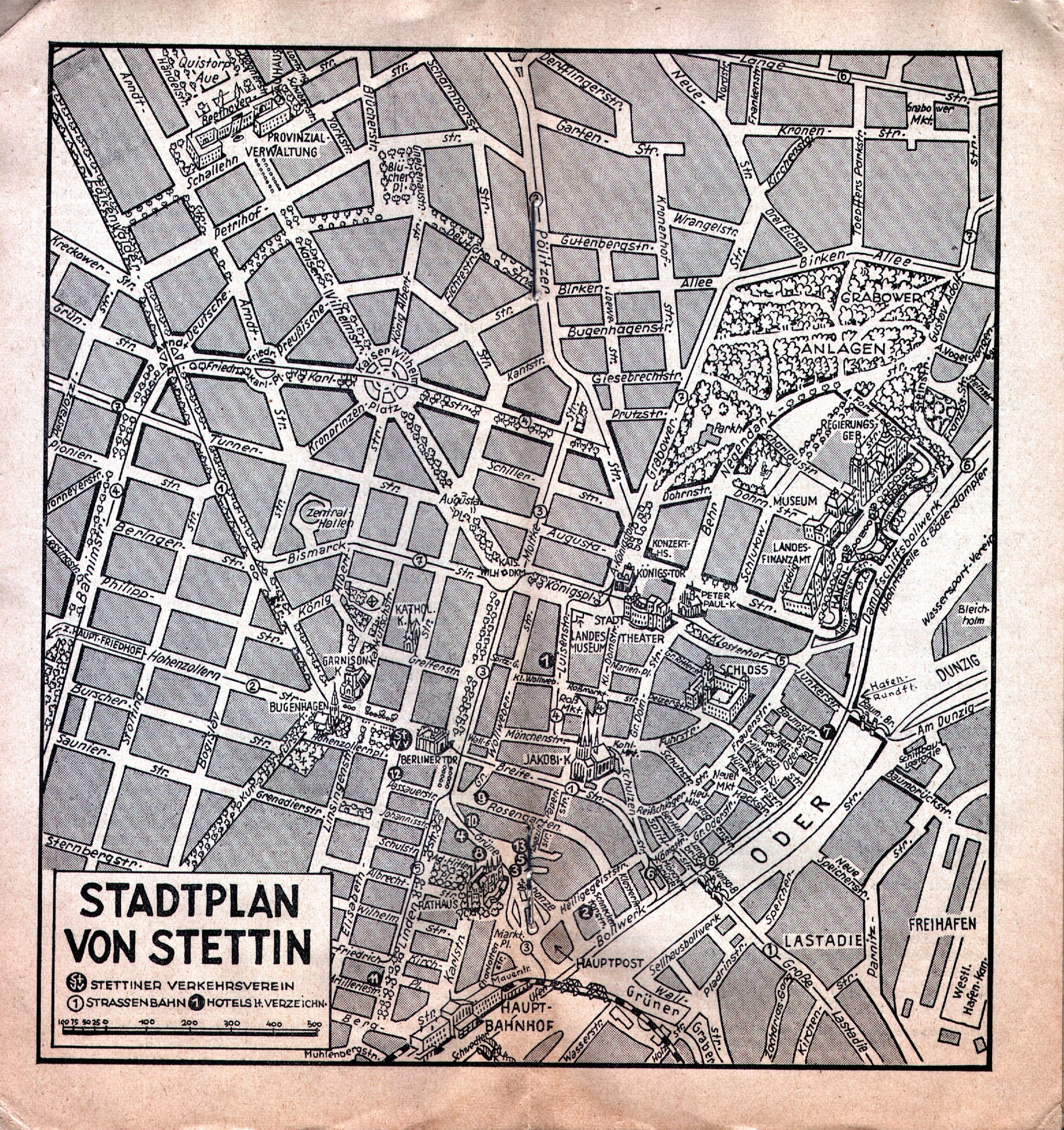 Detailiertes altes Stadtplan von Stuttgart auf vergilbtem Papier mit sichtbaren Straßen, Gebäuden und Sehenswürdigkeiten, begleitet von handgeschriebener Text.