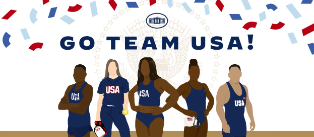 Gruppe animierter Menschen in Sportkleidung vor einem weißen Hintergrund mit der Schrift "Go Team USA" in fetten, bunten Buchstaben.