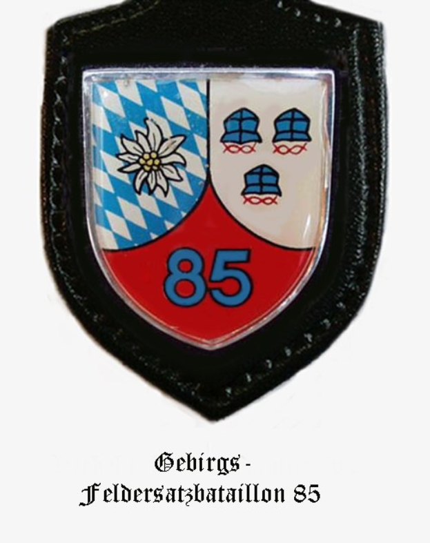 Ein rundes Abzeichen mit der Zahl 85 und deutschem Text unten, das das Logo des bayerischen Fußballteams darstellt.