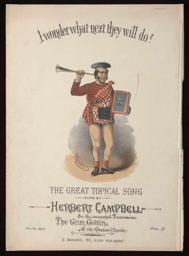 Eine Person in buntem Outfit hält ein Musikinstrument und singt fröhlich von einem Blatt mit der Aufschrift 'Das große aktuelle Lied von Herbert Campbell.'