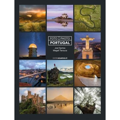 Collage-Poster von Portugal mit Bildern von Sehenswürdigkeiten, Natur und Text über Attraktionen.