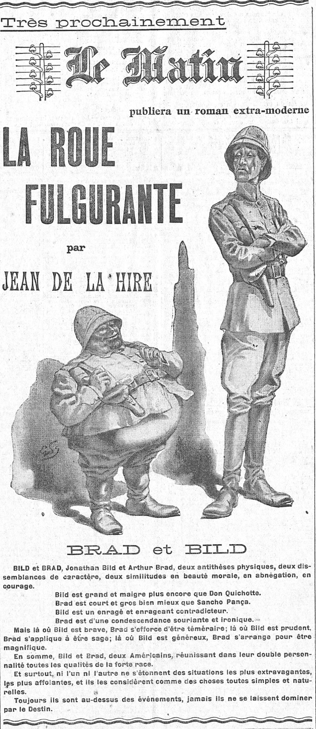 Black and white newspaper advertisement featuring two men in military attire holding guns, with text below the image.