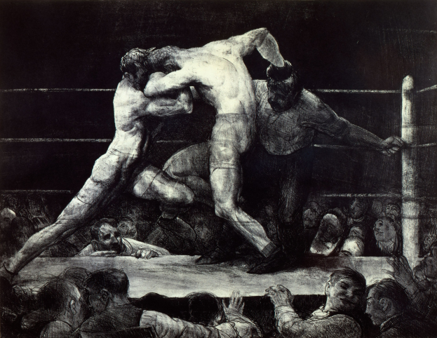 Schwarze und weiße Zeichnung von zwei Boxern in einem Ring, die sich gegenseitig Schläge versetzen, während eine jubelnde Menge zusieht.