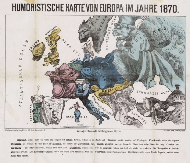 Plakat mit der Aufschrift "Humoristische Karte von Europa im Jahre 1870", das eine zentrale Karte von Europa mit cartoonartigen Illustrationen und Text umgeben zeigt.