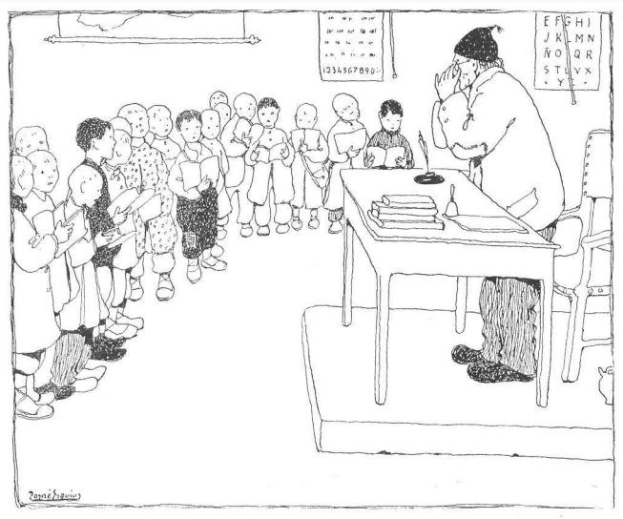 Ein Mann sitzt an einem Schreibtisch vor Kindern, umgeben von Büchern und Papieren an der Wand, trägt Schuhe, die auf einen Lehrer hinweisen.