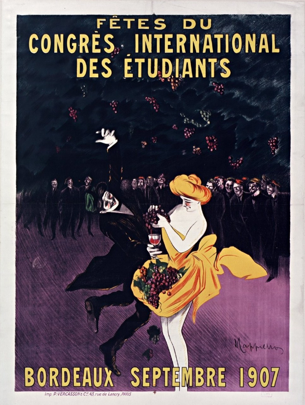 Plakat aus dem Jahr 1907 für eine Weinprobe in Bordeaux, Frankreich, das eine Frau in gelbem Kleid mit einem Weinglas zeigt, umgeben von einer Menge, mit Veranstaltungstexten.