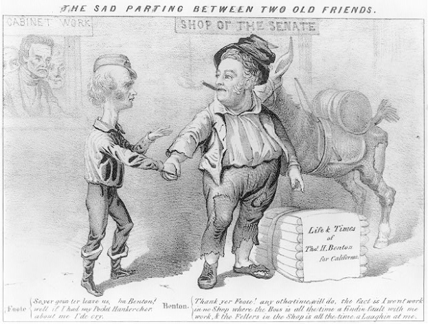 Schwarz-weiß-Cartoon von zwei älteren Personen, die sich an den Händen halten, mit der Bildunterschrift "Der traurige Abschied von zwei alten Freunden."