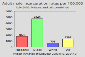 Ein Balkendiagramm, das die Inhaftierungsraten von erwachsenen Männern pro 100.000 in den Vereinigten Staaten anzeigt, mit unterschiedlichen Balkenhöhen, die verschiedene Raten darstellen, und begleitendem Text, der zusätzliche Dateninformationen bereitstellt.