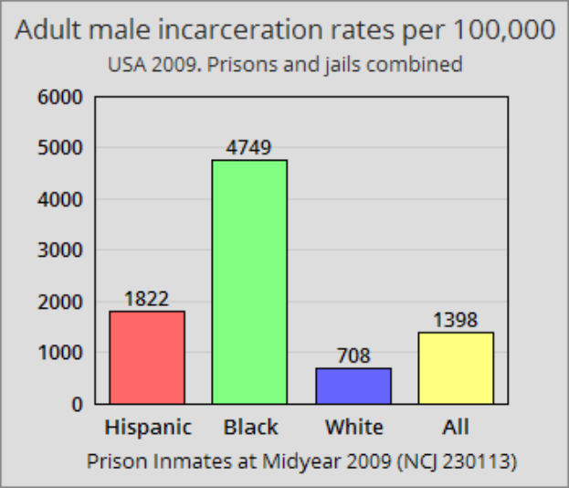 Ein Balkendiagramm, das die Inhaftierungsraten von erwachsenen Männern pro 100.000 in den Vereinigten Staaten anzeigt, mit unterschiedlichen Balkenhöhen, die verschiedene Raten darstellen, und begleitendem Text, der zusätzliche Dateninformationen bereitstellt.
